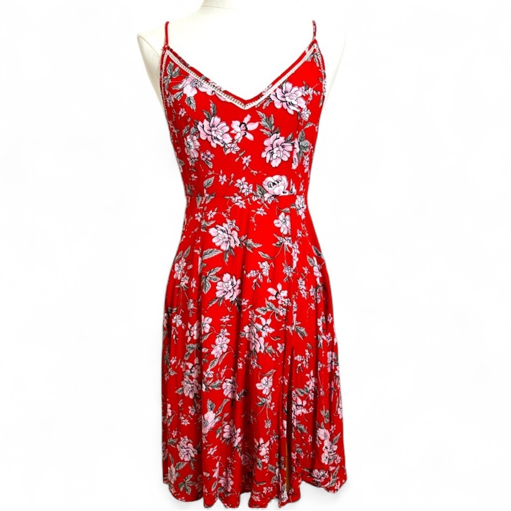 Lulu’s - Red Floral Dress with slit - small
